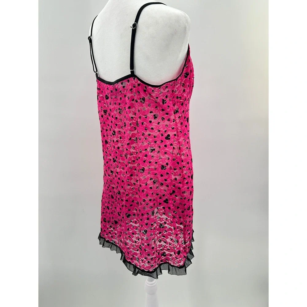 Hot Pink Heart Print Sheer Lace Layering Slip Dress Chemise Coverup Size L